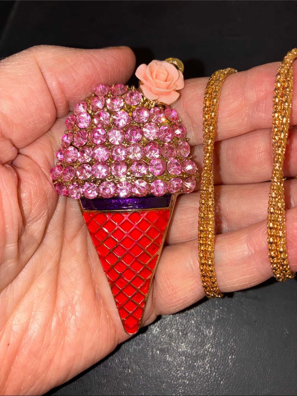 Pink and Red Ice Cream Cone Pendant Necklace